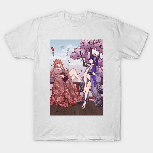 Yae Miko and Raiden Ei, Genshin Impact Traditional Illustration T-Shirt by Kuroi Kitsune